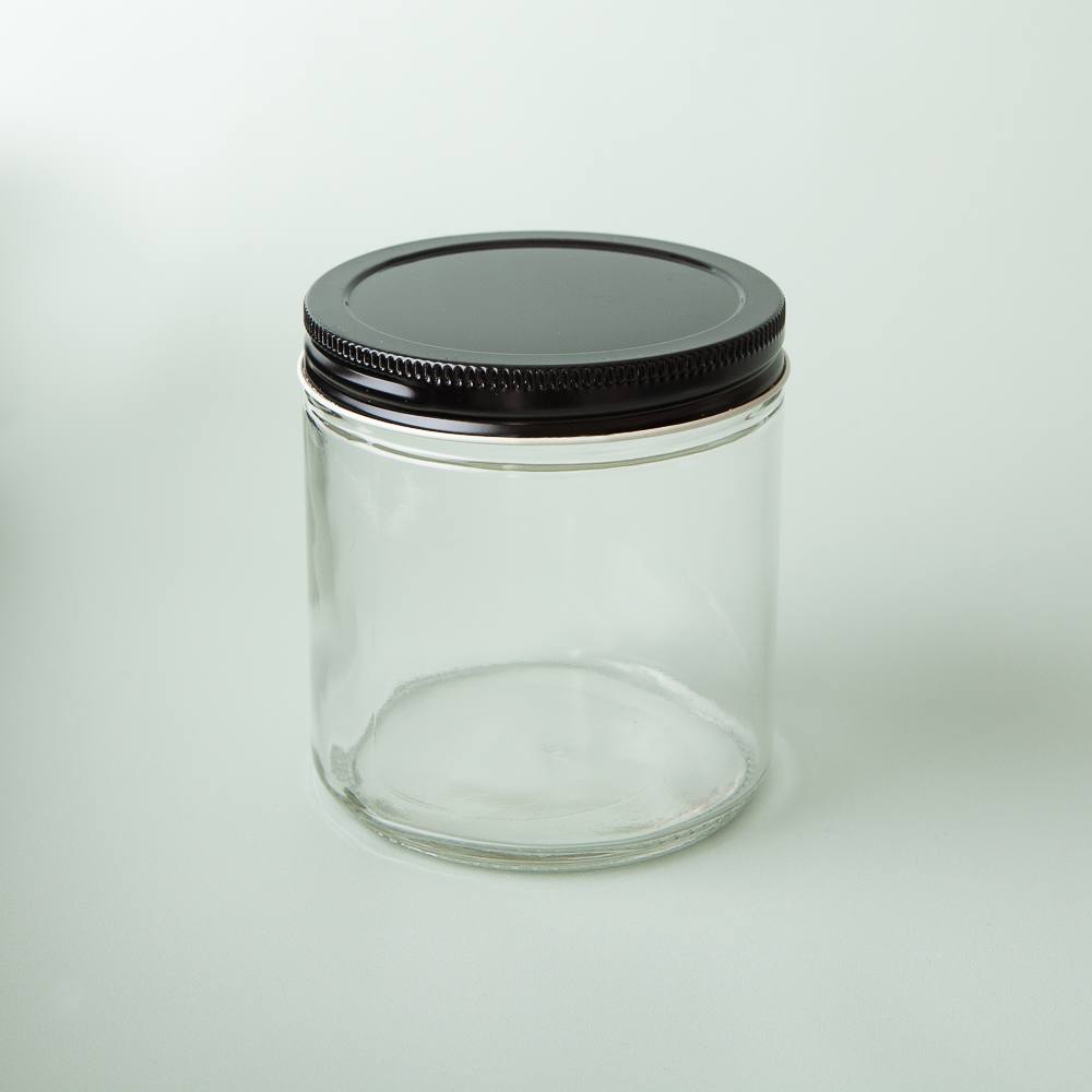 16 oz Clear Tall Glass Jar with Black Lid